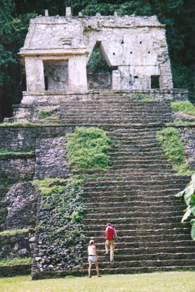 Tourists on Mayan temple steps